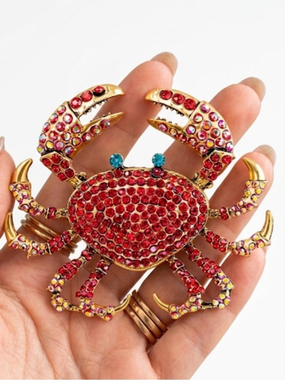 Jeweled Crab Brooch Gold-Plated with Ruby Red Crystals & Blue Eyes - New